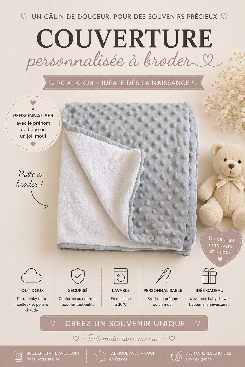 Couverture  90 x 90 personnalisé MANIRA Boutique